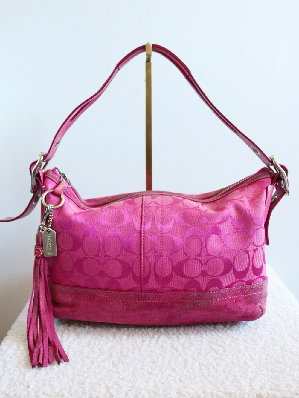 Vintage Coach East West Demi Shoulder Bag Hot Pink Signature Jacquard Suede